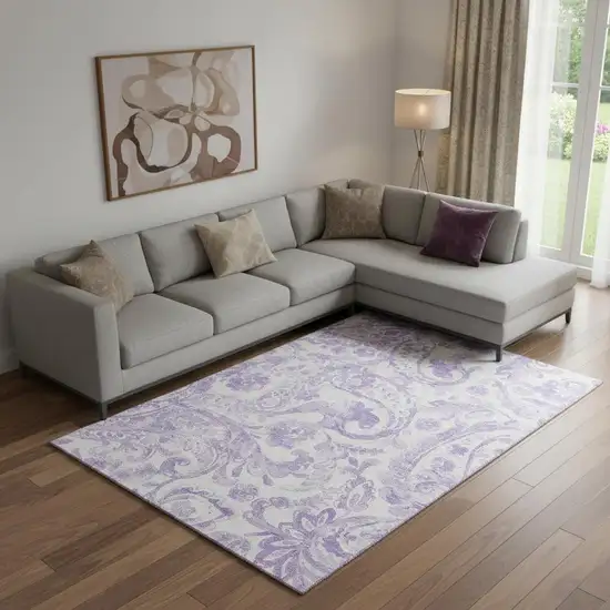 Lavender And Ivory Paisley Washable Area Rug With UV Protection Photo 1
