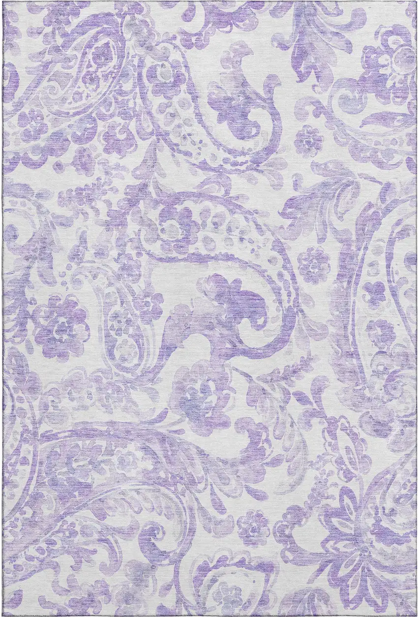 Lavender And Ivory Paisley Washable Area Rug With UV Protection Photo 1