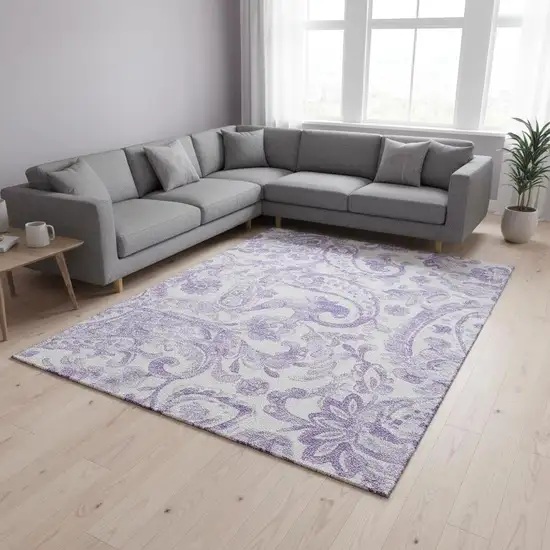 Lavender And Ivory Paisley Washable Area Rug With UV Protection Photo 2
