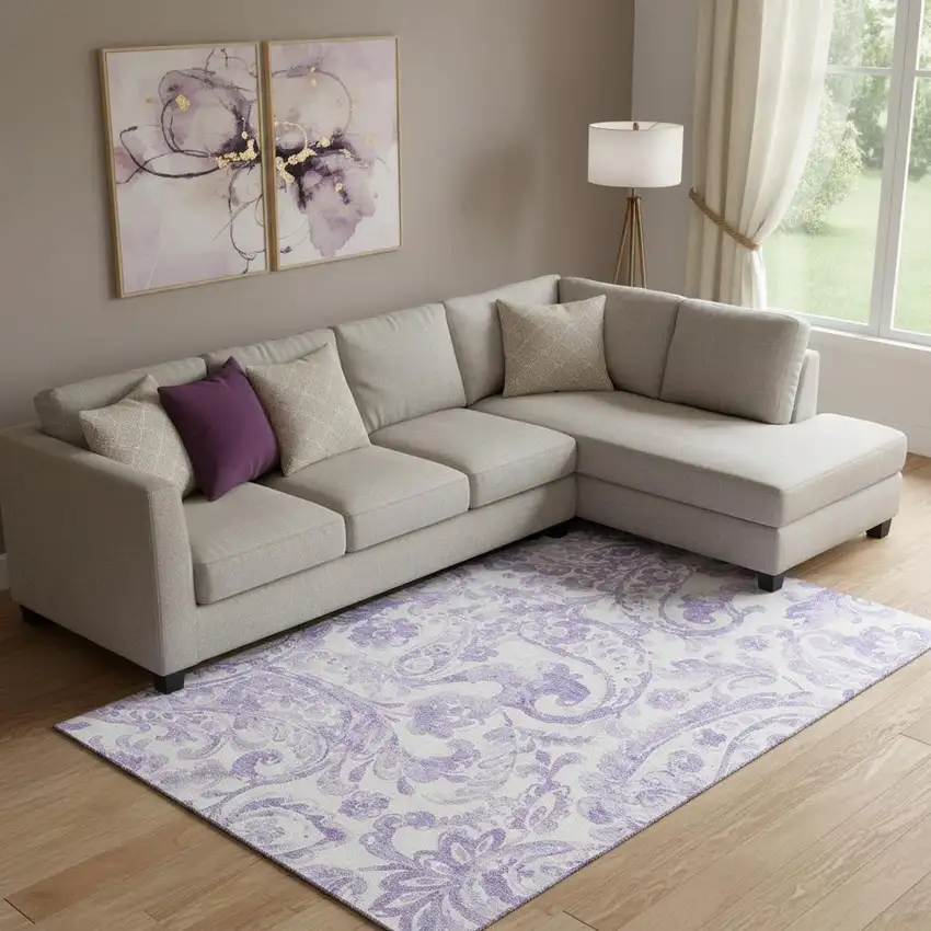 Lavender And Ivory Paisley Washable Area Rug With UV Protection Photo 1
