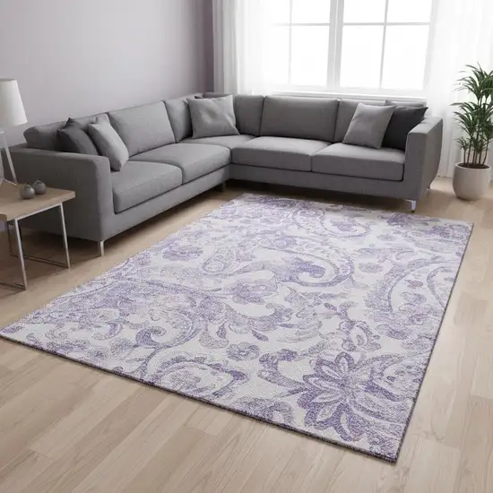 Lavender And Ivory Paisley Washable Area Rug With UV Protection Photo 2