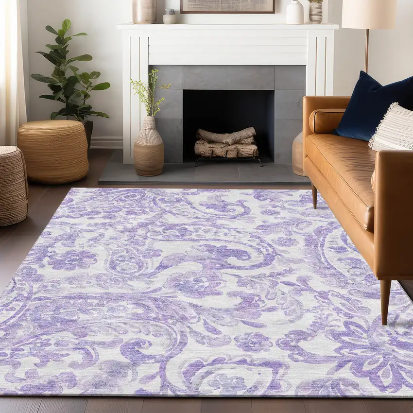 Lavender And Ivory Paisley Washable Area Rug With UV Protection Photo 5