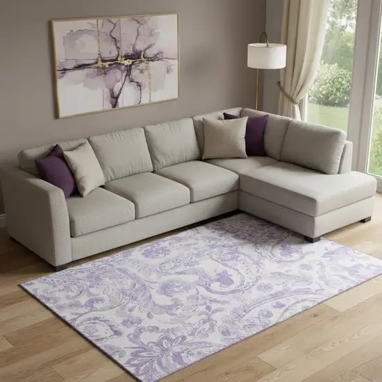 Lavender And Ivory Paisley Washable Area Rug With UV Protection Photo 1