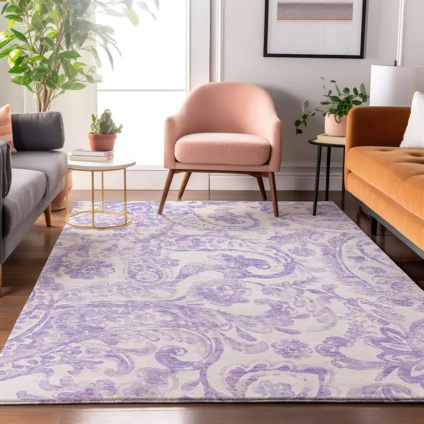 Lavender And Ivory Paisley Washable Area Rug With UV Protection Photo 4
