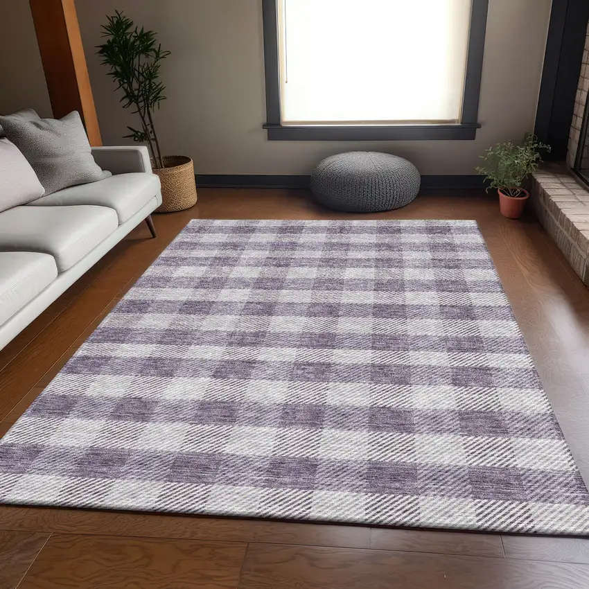 Lavender And Ivory Plaid Washable Area Rug With UV Protection Photo 5