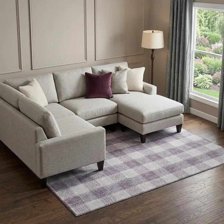 Lavender And Ivory Plaid Washable Area Rug With UV Protection Photo 1