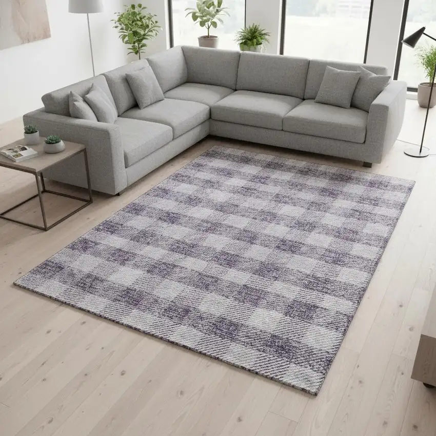 Lavender And Ivory Plaid Washable Area Rug With UV Protection Photo 2