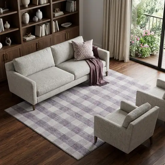 Lavender And Ivory Plaid Washable Area Rug With UV Protection Photo 1