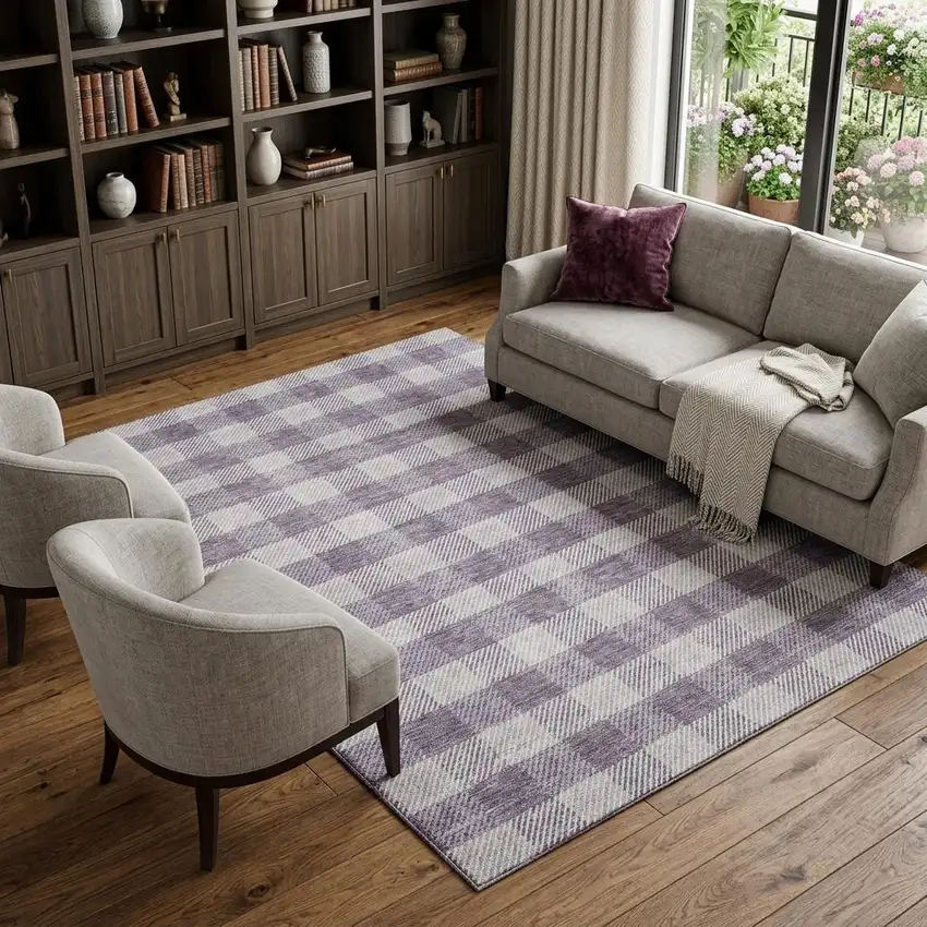Lavender And Ivory Plaid Washable Area Rug With UV Protection Photo 1