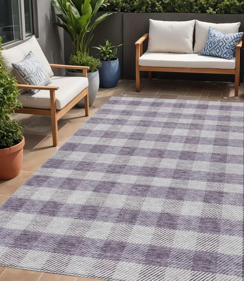 Lavender And Ivory Plaid Washable Indoor Outdoor Area Rug Photo 1
