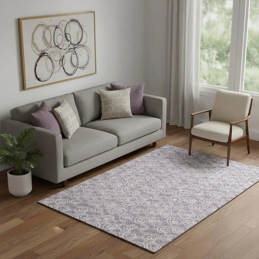 Lavender And Ivory Polka Dot Washable Area Rug With UV Protection Photo 1