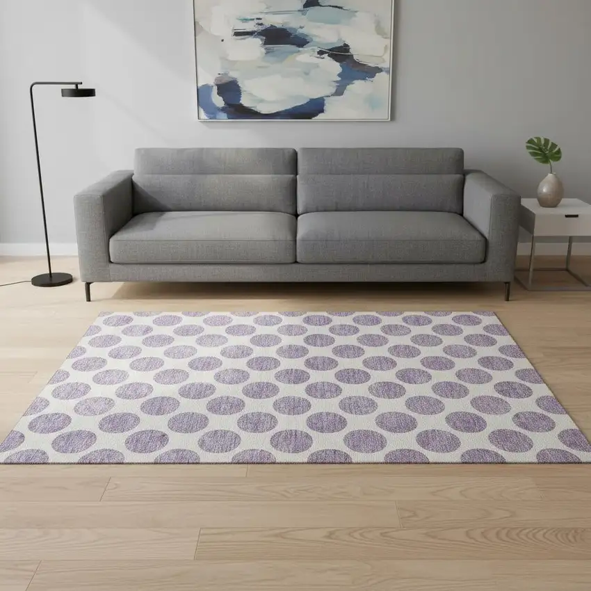 Lavender And Ivory Polka Dot Washable Area Rug With UV Protection Photo 2