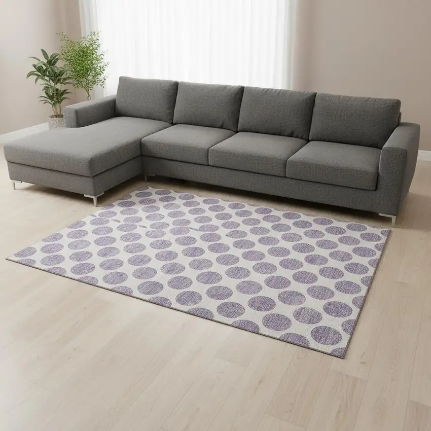 Lavender And Ivory Polka Dot Washable Area Rug With UV Protection Photo 2