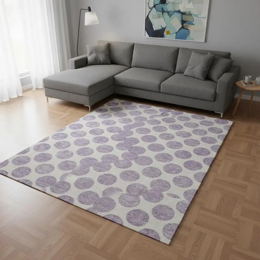 Lavender And Ivory Polka Dot Washable Area Rug With UV Protection Photo 2