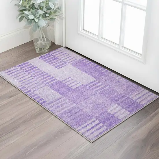 Lavender And Ivory Striped Washable Area Rug With UV Protection Photo 2