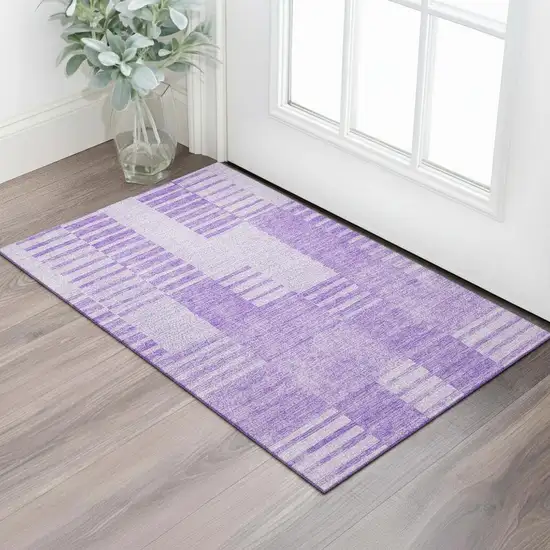 Lavender And Ivory Striped Washable Area Rug With UV Protection Photo 1