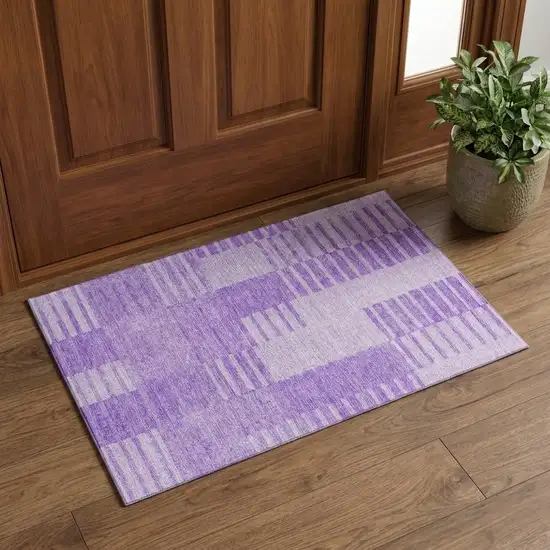Lavender And Ivory Striped Washable Area Rug With UV Protection Photo 1