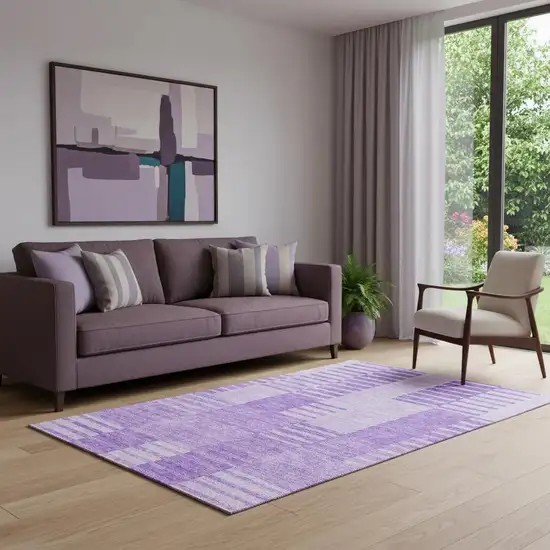Lavender And Ivory Striped Washable Area Rug With UV Protection Photo 1