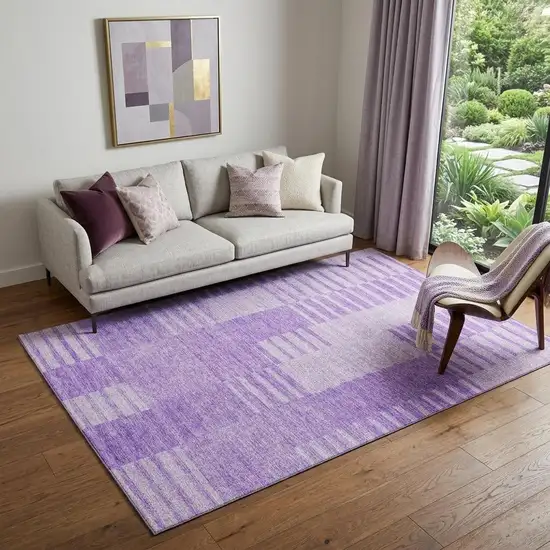 Lavender And Ivory Striped Washable Area Rug With UV Protection Photo 1
