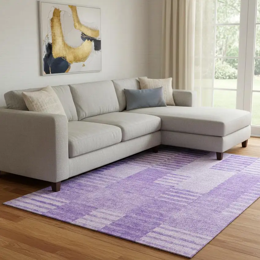 Lavender And Ivory Striped Washable Area Rug With UV Protection Photo 1