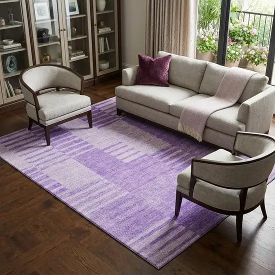 Lavender And Ivory Striped Washable Area Rug With UV Protection Photo 1