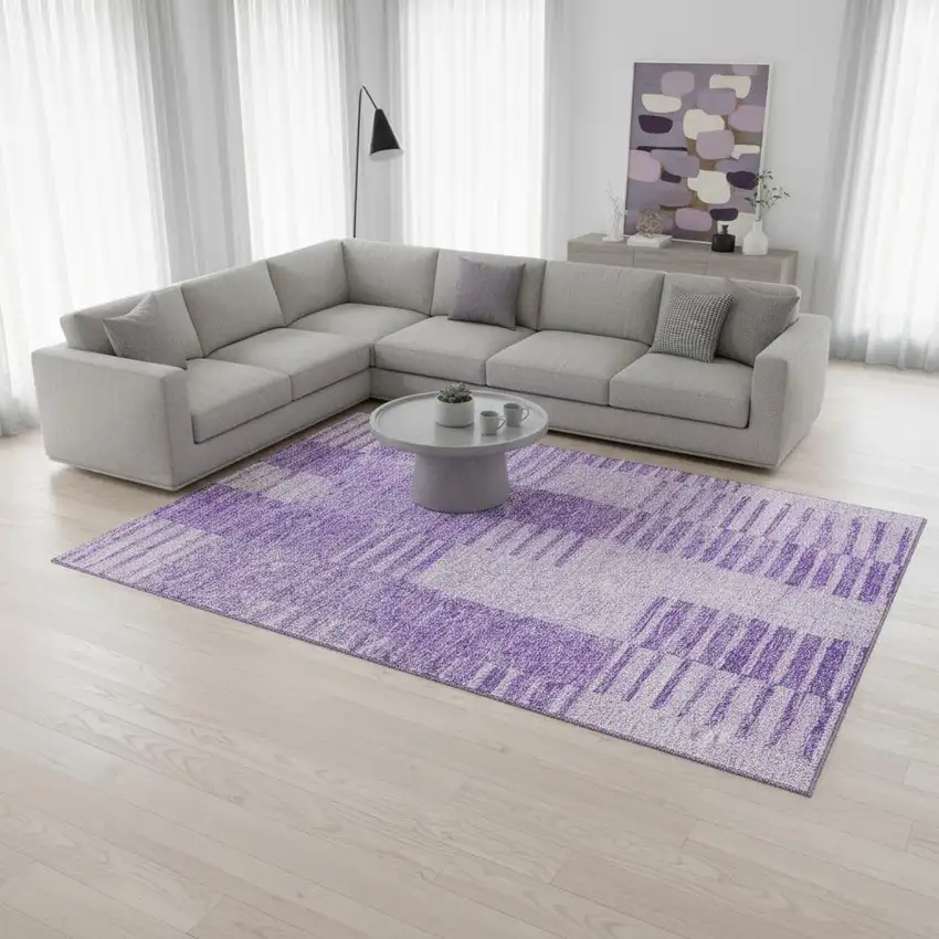 Lavender And Ivory Striped Washable Area Rug With UV Protection Photo 1