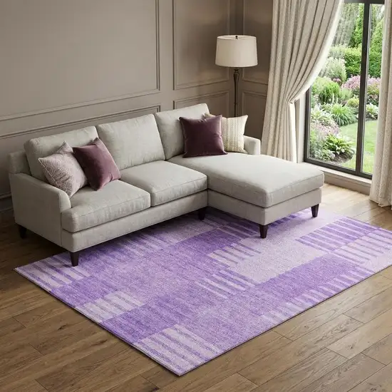 Lavender And Ivory Striped Washable Area Rug With UV Protection Photo 1