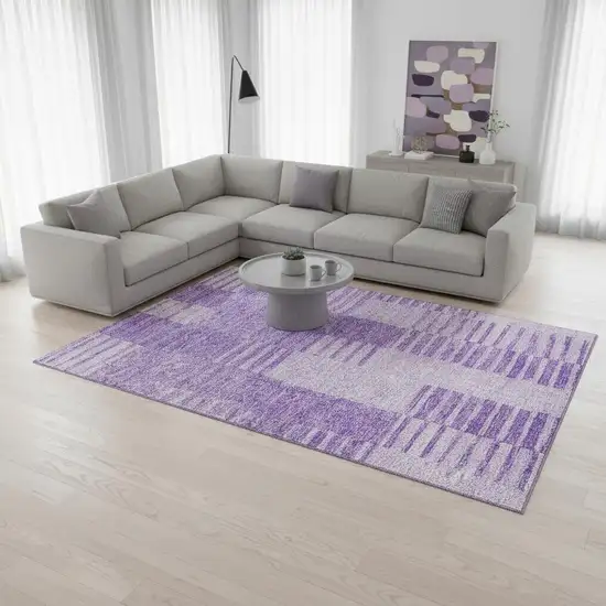 Lavender And Ivory Striped Washable Area Rug With UV Protection Photo 1