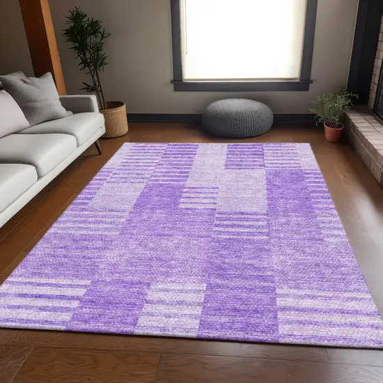 Lavender And Ivory Striped Washable Area Rug With UV Protection Photo 5