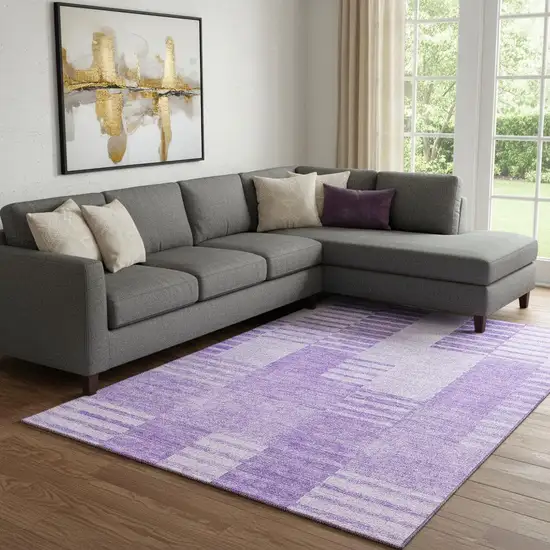 Lavender And Ivory Striped Washable Area Rug With UV Protection Photo 1
