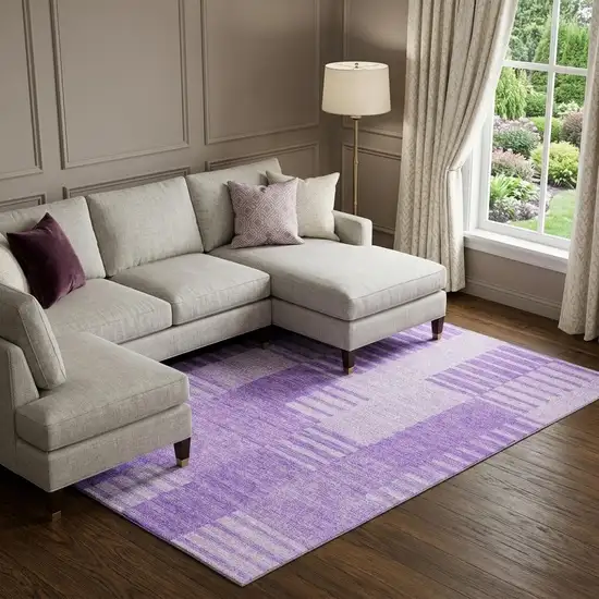 Lavender And Ivory Striped Washable Area Rug With UV Protection Photo 1