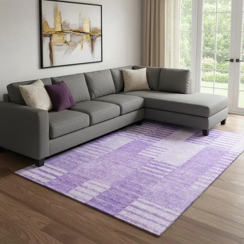 Lavender And Ivory Striped Washable Area Rug With UV Protection Photo 1