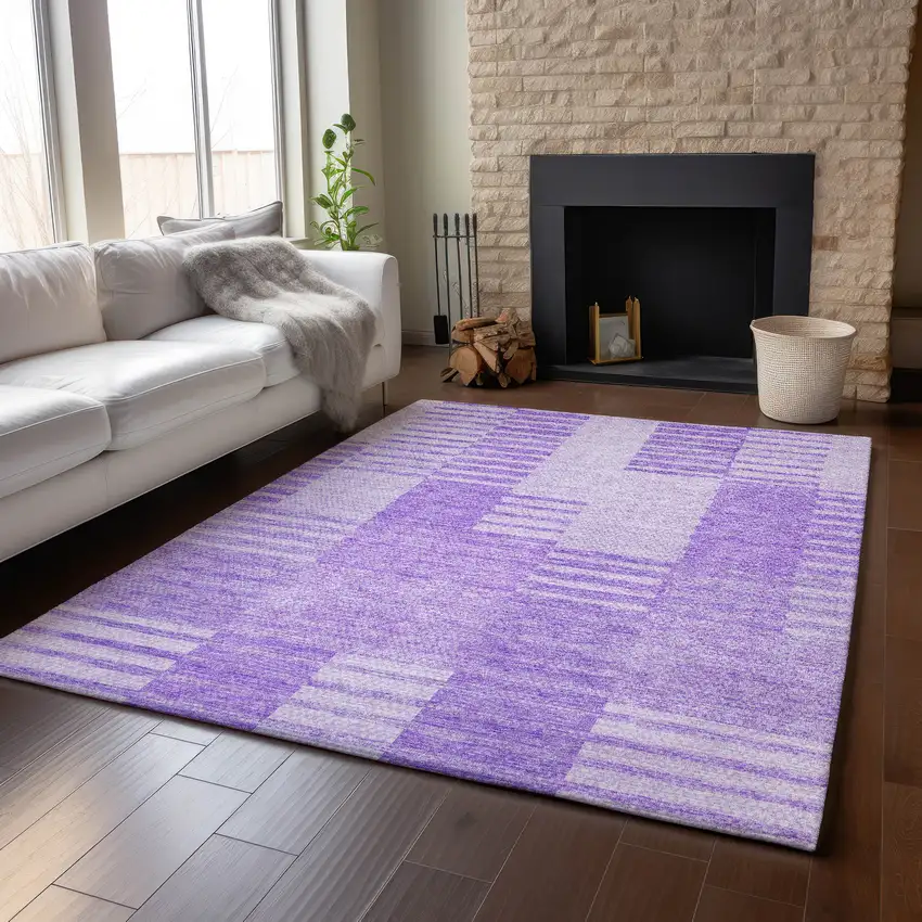 Lavender And Ivory Striped Washable Area Rug With UV Protection Photo 4