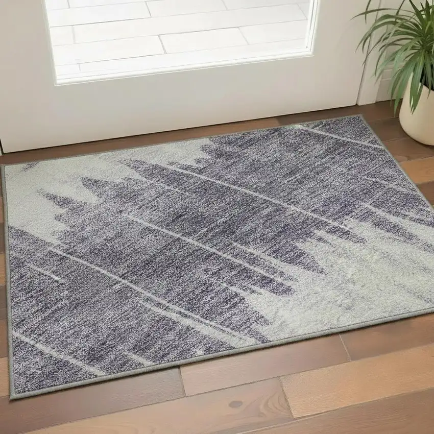 Lavender And Ivory Striped Washable Area Rug With UV Protection Photo 2