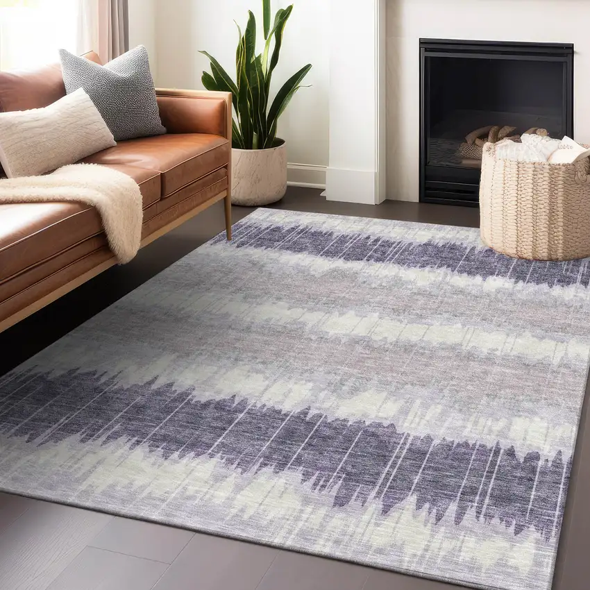 Lavender And Ivory Striped Washable Area Rug With UV Protection Photo 4