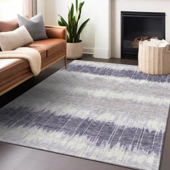 Lavender And Ivory Striped Washable Area Rug With UV Protection Photo 5