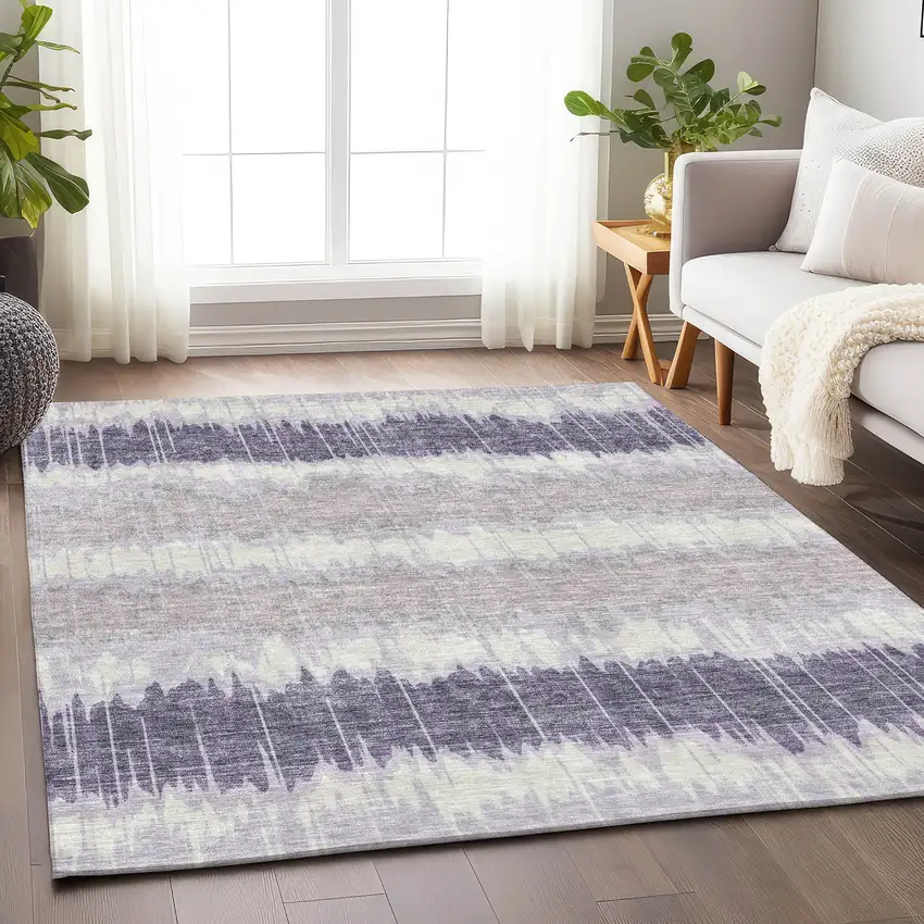 Lavender And Ivory Striped Washable Area Rug With UV Protection Photo 4