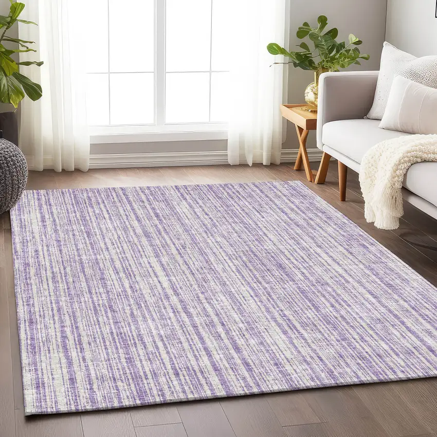 Lavender And Ivory Striped Washable Area Rug With UV Protection Photo 5