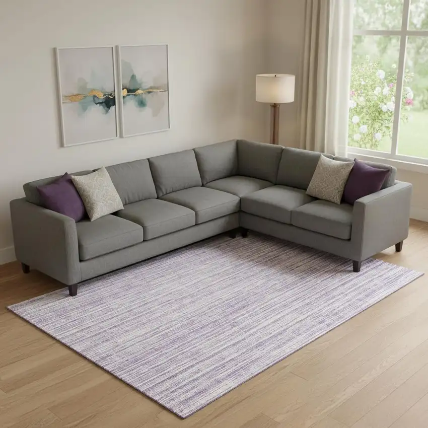 Lavender And Ivory Striped Washable Area Rug With UV Protection Photo 1