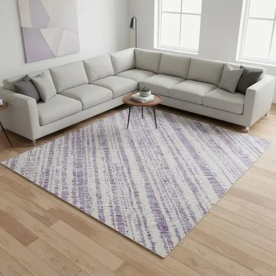 Lavender And Ivory Striped Washable Area Rug With UV Protection Photo 2