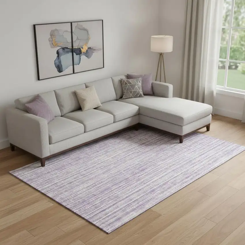 Lavender And Ivory Striped Washable Area Rug With UV Protection Photo 1