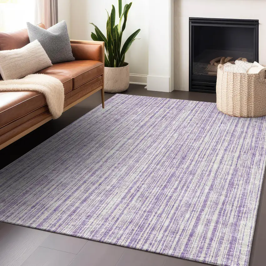 Lavender And Ivory Striped Washable Area Rug With UV Protection Photo 5