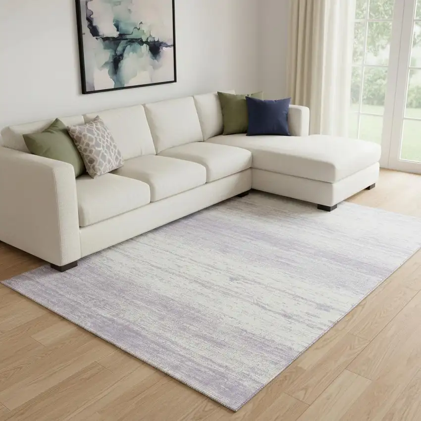 Lavender And Ivory Striped Washable Area Rug With UV Protection Photo 1