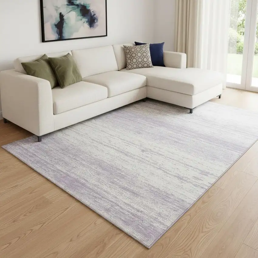 Lavender And Ivory Striped Washable Area Rug With UV Protection Photo 1