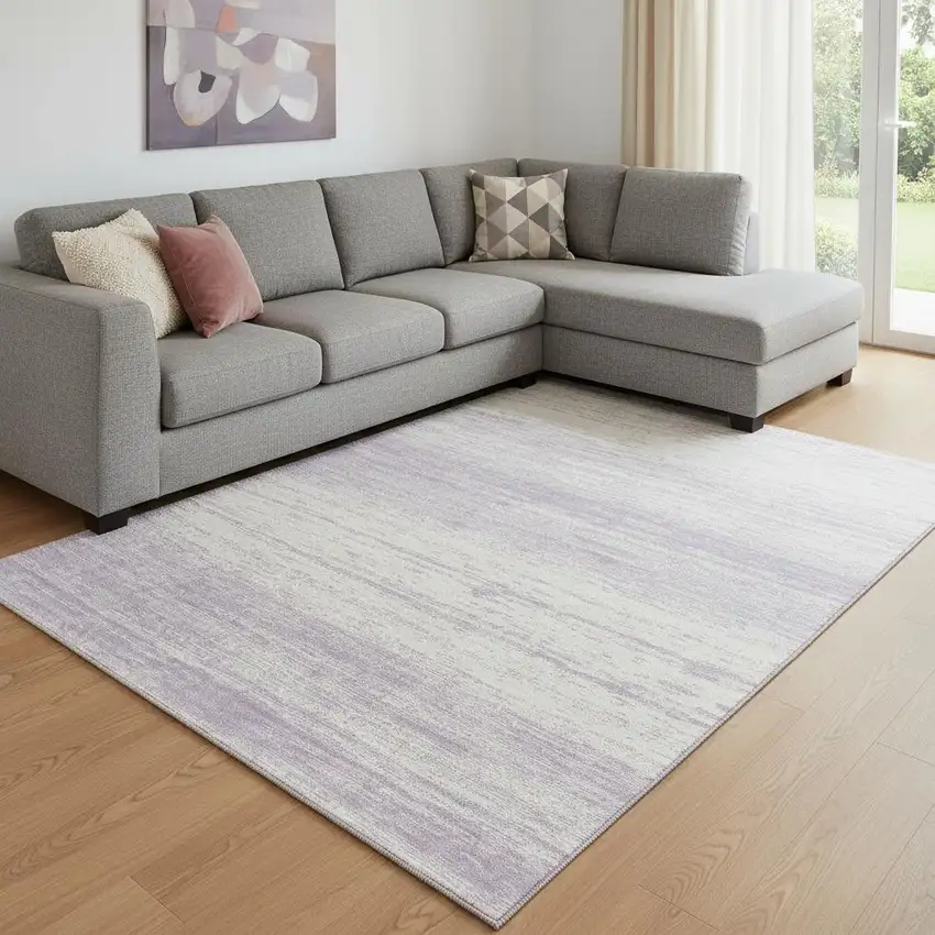 Lavender And Ivory Striped Washable Area Rug With UV Protection Photo 1