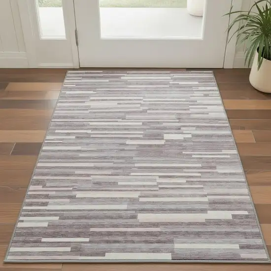 Lavender And Ivory Striped Washable Area Rug With UV Protection Photo 2