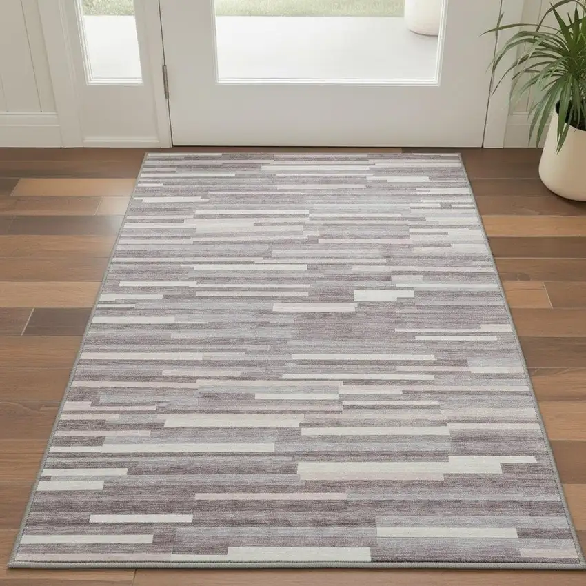 Lavender And Ivory Striped Washable Area Rug With UV Protection Photo 2