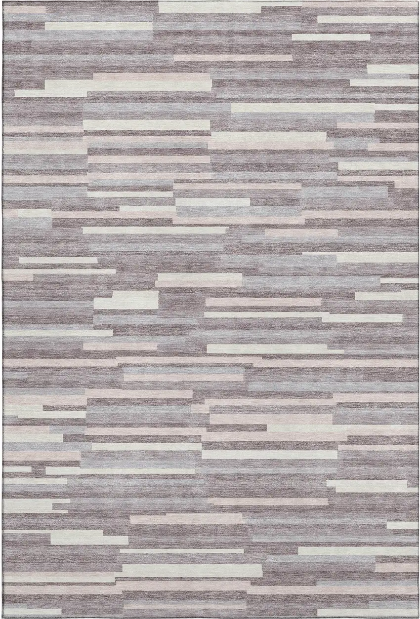 Lavender And Ivory Striped Washable Area Rug With UV Protection Photo 1