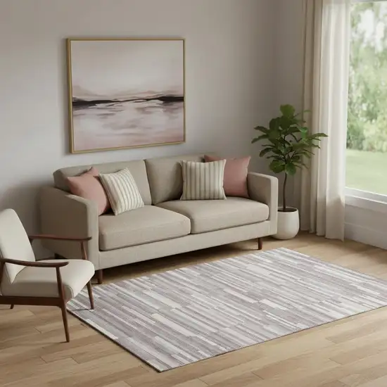 Lavender And Ivory Striped Washable Area Rug With UV Protection Photo 1