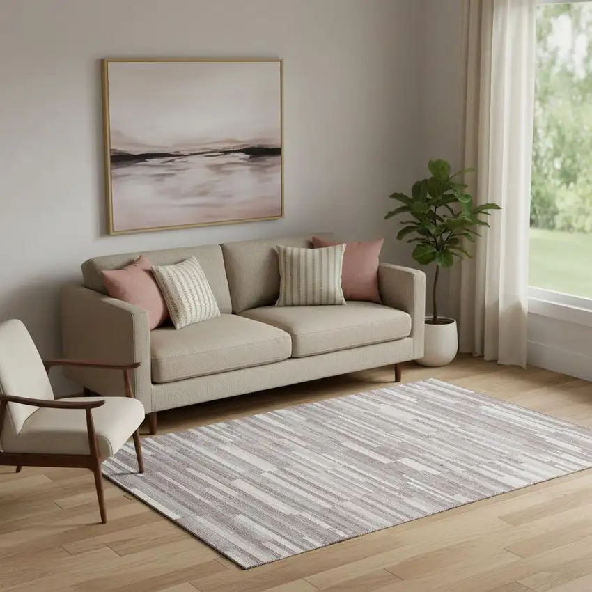 Lavender And Ivory Striped Washable Area Rug With UV Protection Photo 1